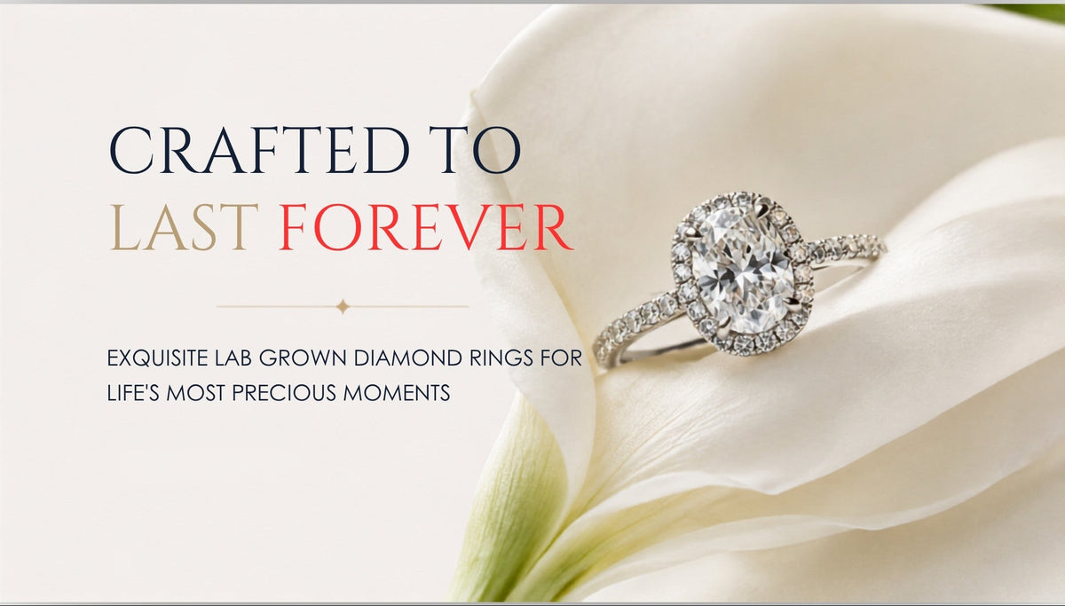 A promotional banner for lab-grown diamond rings featuring a silver-toned ring with a round brilliant-cut diamond on a white lily flower. The text reads 'CRAFTED TO LAST FOREVER' and 'EXQUISITE LAB GROWN DIAMOND RINGS FOR LIFE'S MOST PRECIOUS MOMENTS'.